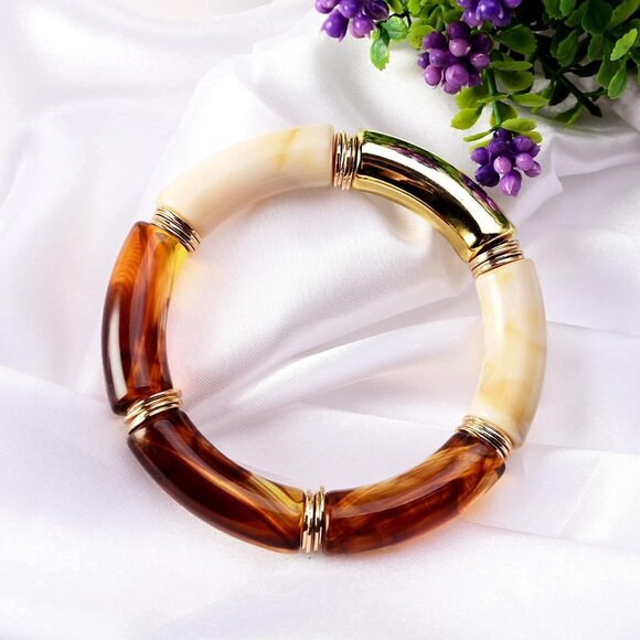 Simple Beaded Gold Plated Bangles Bracelet Chunky Bamboo Tube Curved Stacking Cl - Picture 3 of 9